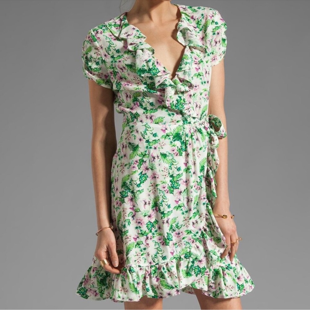Juicy Couture Wrap Dress Green Floral Flutter Sleeve Womens 0 Boho Fairy Bloom